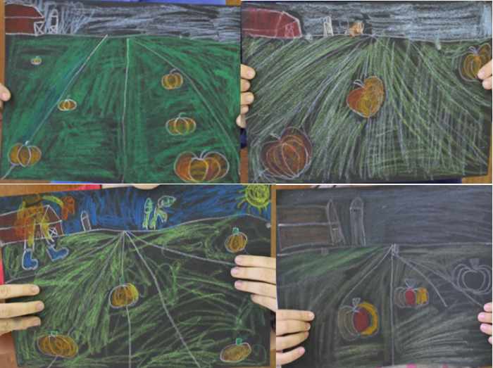 Samples of Pumpkin & One Point Perspective Projects by students in 1st & 2nd grade