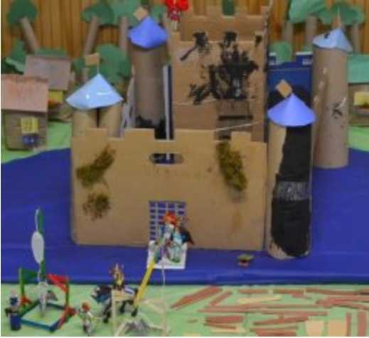 Castle model with all the parts created by the children during this lesson
