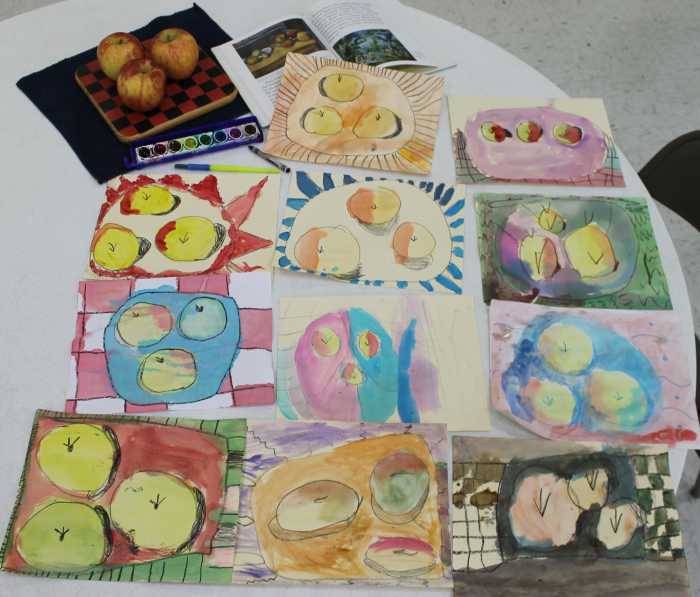 Some of the finished still ife paintings of apples inspired by Paul Cezanne