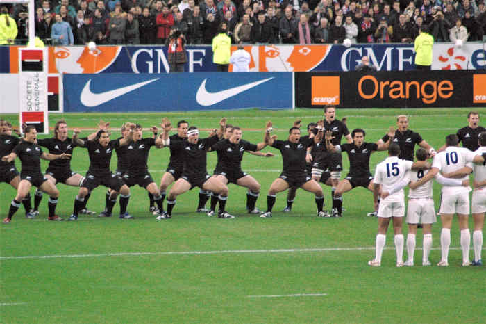 A haka performed by the national rugby union team ("All Blacks") before a game. 