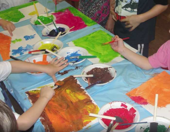 Students globing on textured paint like Morisot - If you're director okays it, I'd recommend having them instead painting in the outlines on a pre-printed Morisot painting.