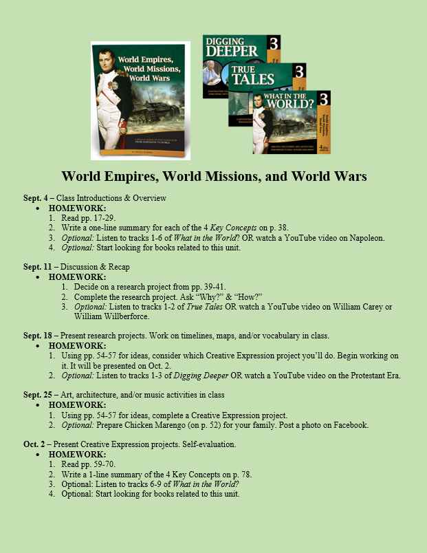 Student hand-out page on what to expect each week in the class