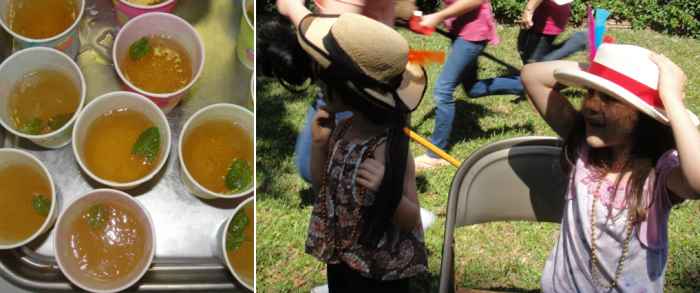 Sipping mock mint juleps and wearing big hats while cheering for the Kentucky Derby (via stick horses) during our Geography Morning Basket time