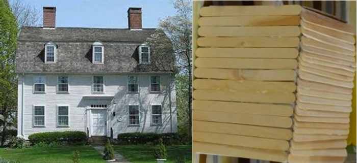 Clapboard house photo next to a child's craft stick creation of a clapboard house