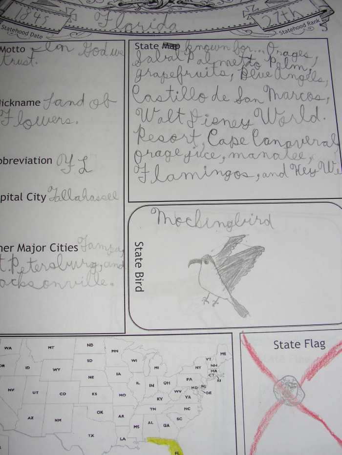 One of the Florida pages from my oldest son's U.S. States and Regions Notebook