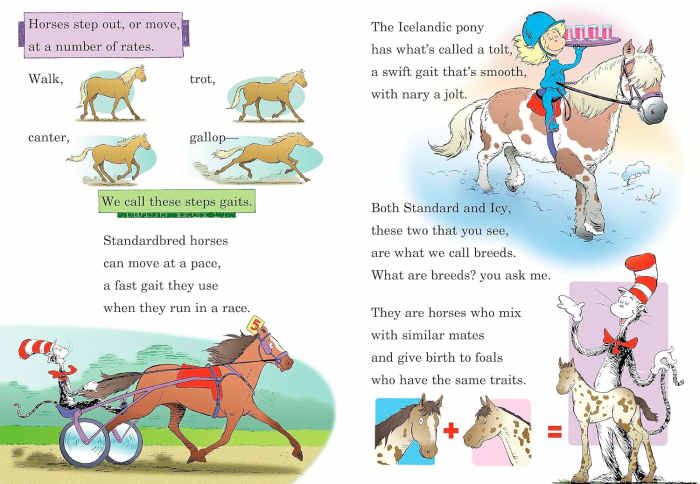 A page spread from If I Ran the Horse Show: All About Horses (The Cat in the Hat's Learning Library) by Bonnie Worth (Image is from amazon.com)