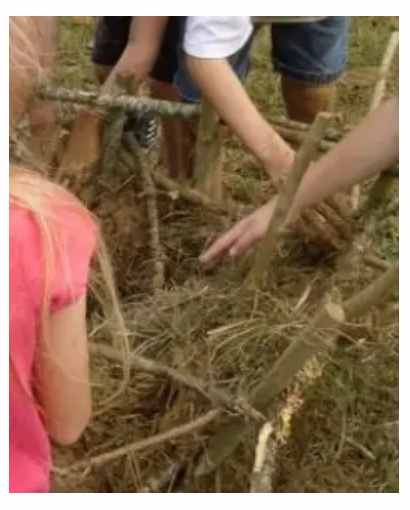 Building a Jamestown-style waddle and daub house during Lesson 1: Jamestown Lesson