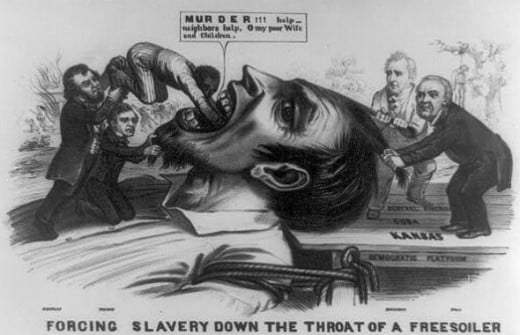 Political cartoon: Forcing Slavery Down the Throat of a Freesoiler