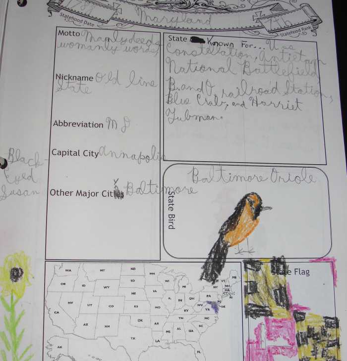 A page from my son's notebook on Maryland