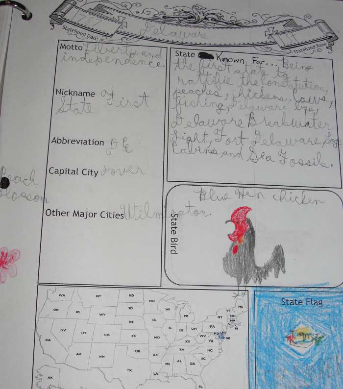One of the pages from my oldest son's notebook on Delaware