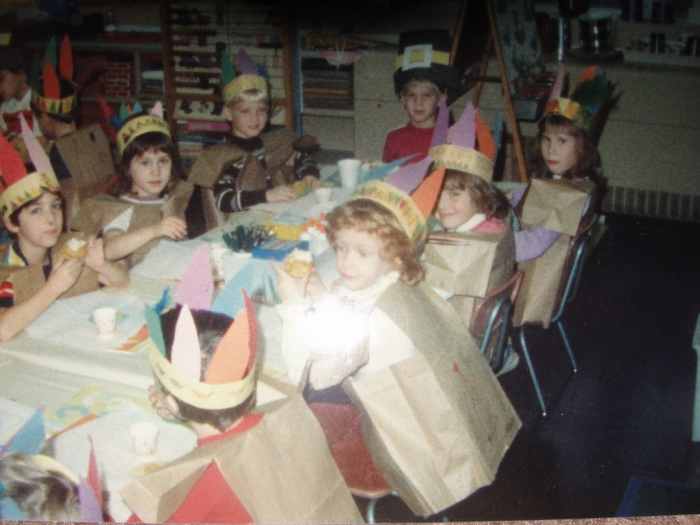 Here I am (with brown hair facing the camera) in my Kindergarten Thanksgiving Feast ensemble.