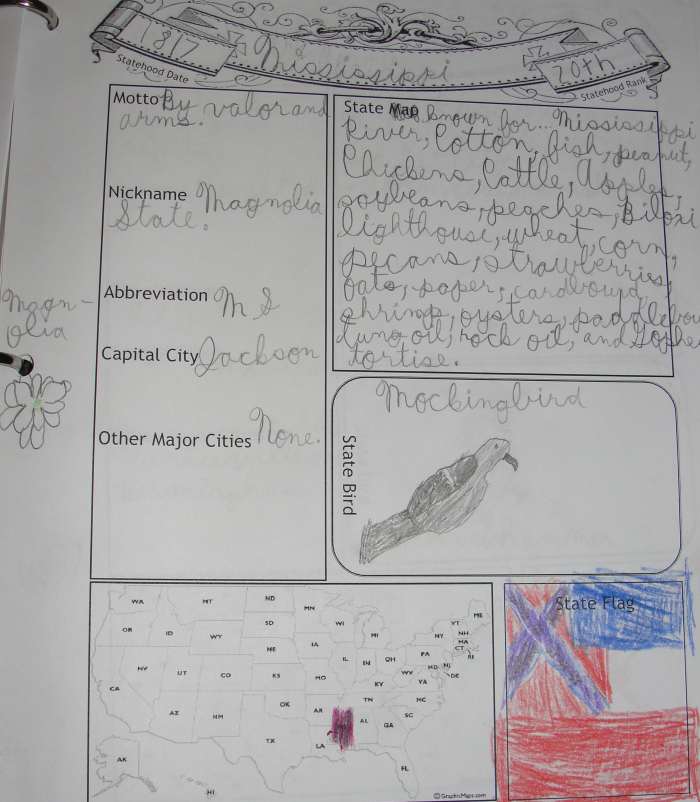 One of the pages from my oldest son's notebook on Mississippi