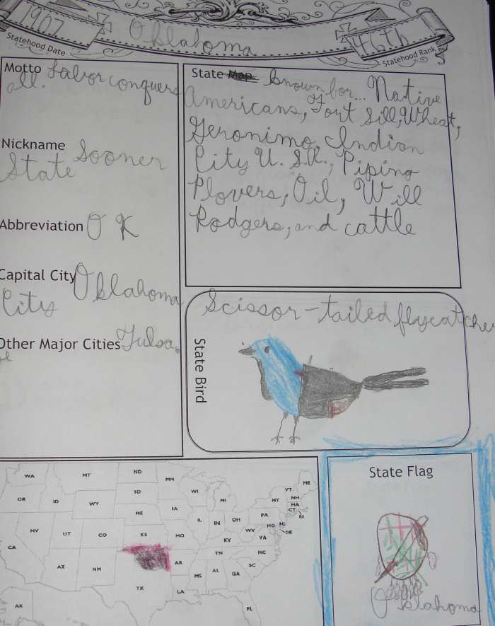 A page from my son's notebook on Oklahoma