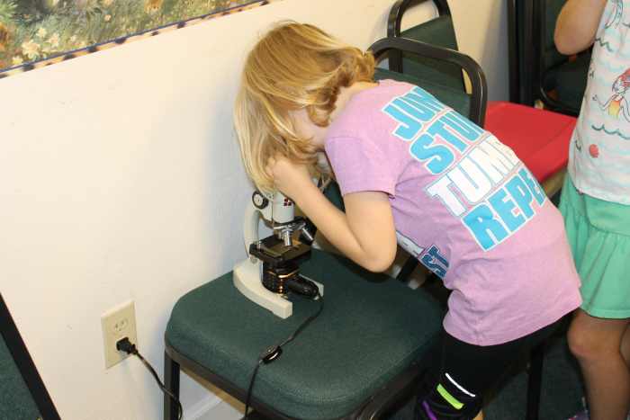Children taking turns looking at cells under a microscope