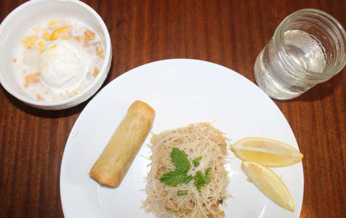 Pancit with lumpia, Mais Con Yelo, & Coconut water