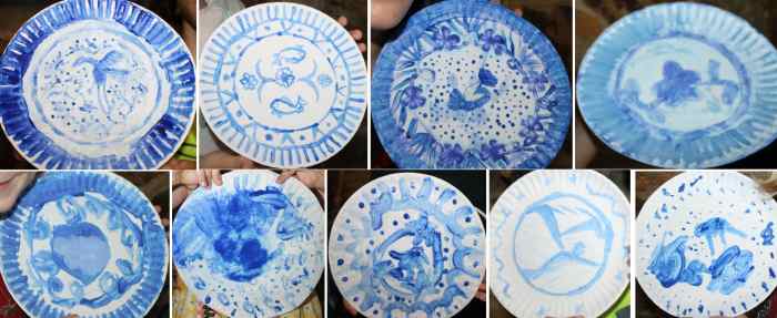 Some of the Ming Dynasty porcelain-inspired plated painted on paper plates by preschoolers, elementary, and middle school aged children