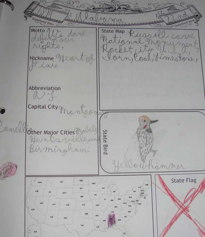 One of the pages from my oldest son's notebook on Alabama
