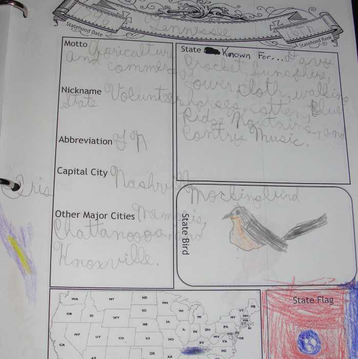 A page from my son's state notebook on Tennessee