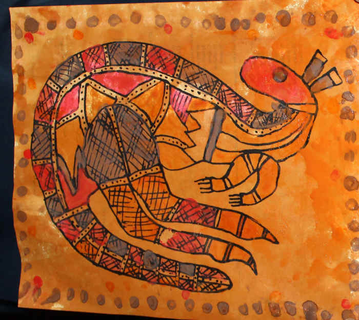 Recreation of Aboriginal Art Kangaroo done by a 10 year old (The Kangaroo was printed from a free printable from The Crafty Classroom, linked below.)