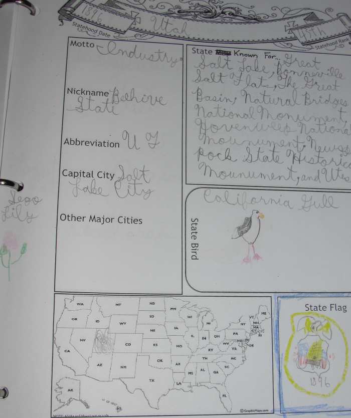 A page from my son's notebook on Utah