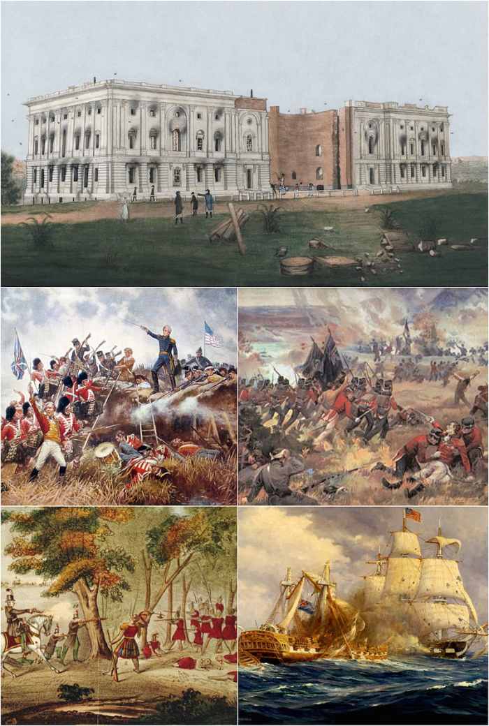 Montage of images relevant to the War of 1812. Clockwise, from top: Damage to the US Capitol building after the Burning of Washington. The mortally wounded Isaac Brock spurs his troops on at the Battle of Queenston Heights. USS Constitution vs HMS Gu