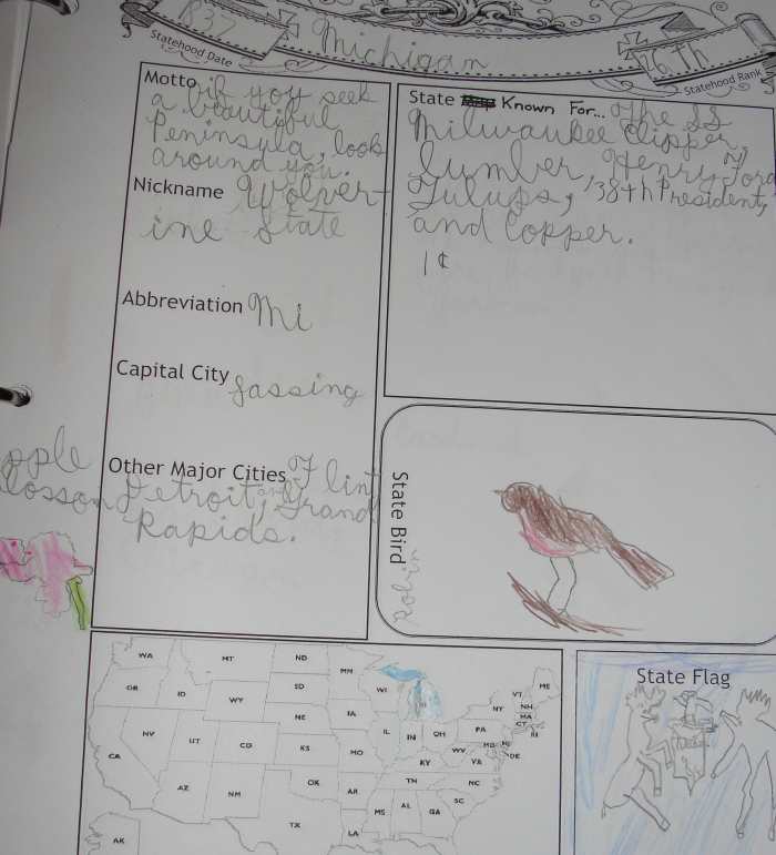 A page from my son's notebook on Michigan
