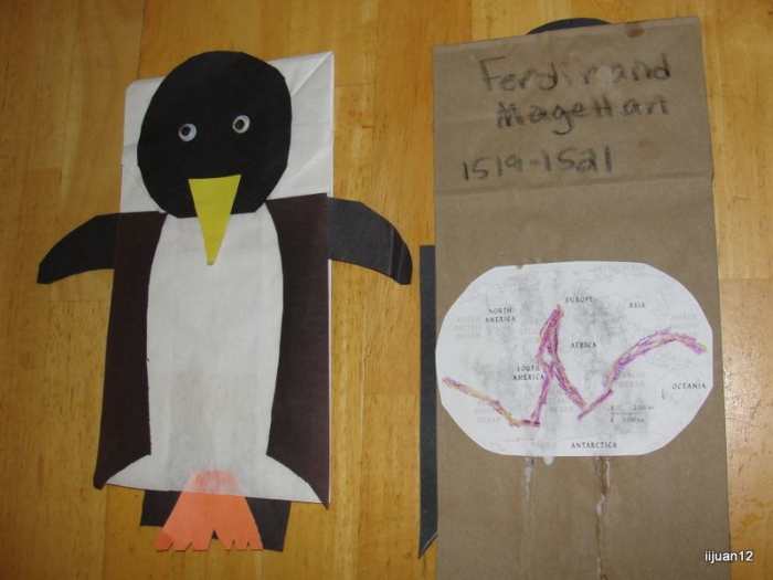 Ferdinand Magellan penguin puppet and route map