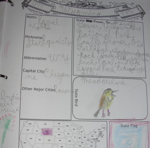 Page from my son's notebook on Wyoming