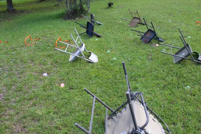 Czech hedgehogs (metal folding chairs) & land mines (water balloons)