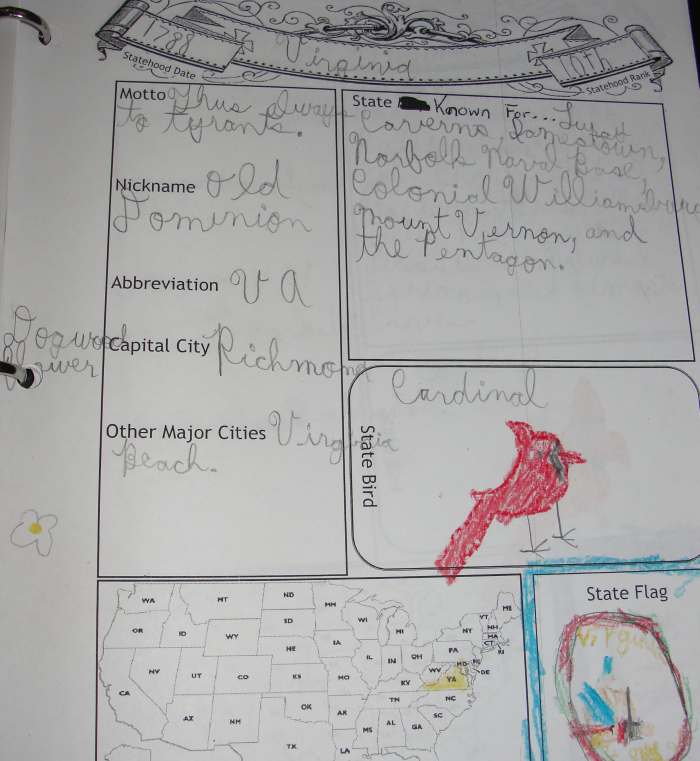 One of the pages from my son's notebook on Virginia