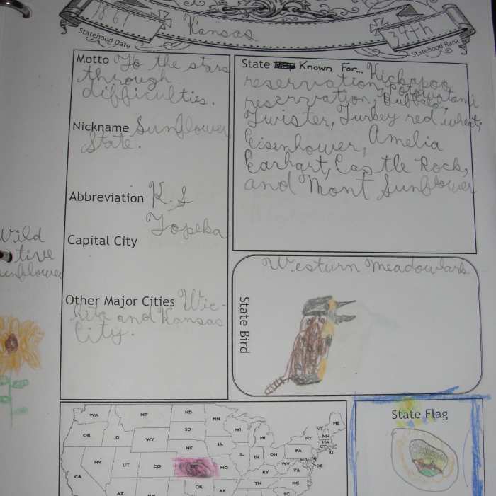 A page from my son's notebook on Kansas