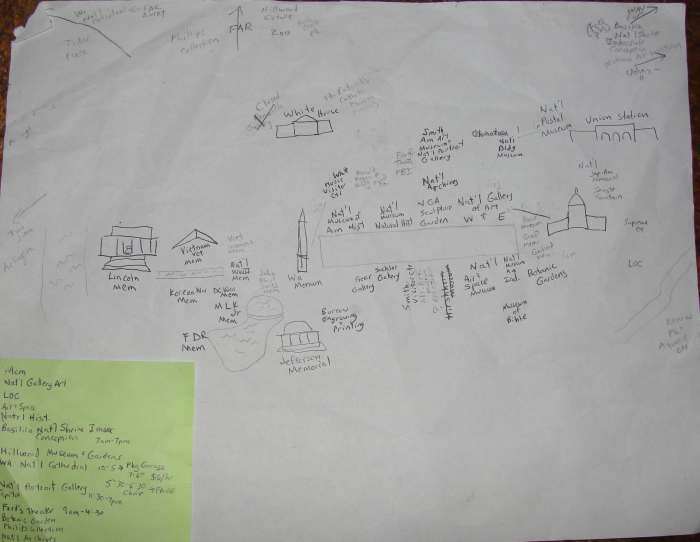 My hand-drawn map helped me get my bearings on where places were located. I included the top-rated places from TripAdvisor on the green sticky note. 