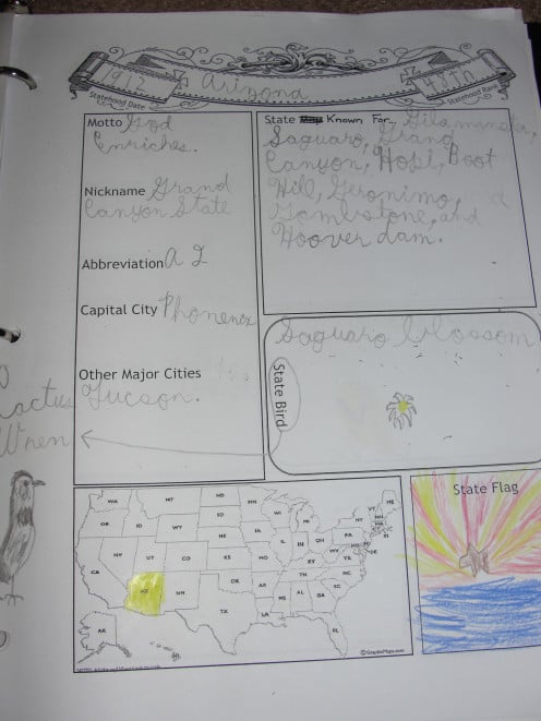One of the Arizona pages from my oldest son's notebook on the U.S. States and Regions