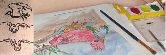 Leonardo da Vinci's sketches of birds next to a watercolor painting of a cardinal done by a 7 year old - Leonard's bird sketches came from http://www.wikipaintings.org/ .