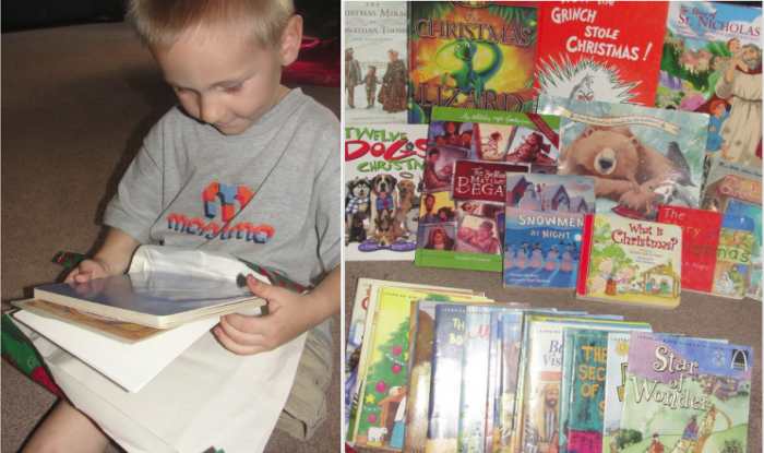 Some of our favorite Christmas books for children. The Arch Books series (the row in the front) has a wonderful selection of variations of the Christmas story written in individual books that are perfect for young listeners.