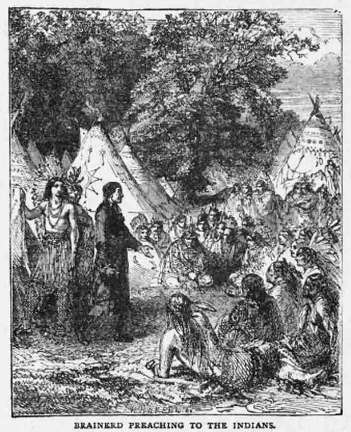 Brainerd preaching in the open-air to Native Americans.