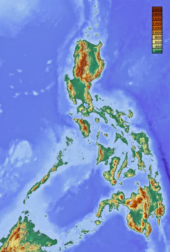 The Philippines is generally mountainous, making up 65% of the country's total land area. It has 22,549 miles of coastline.