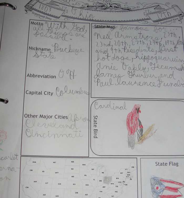 A page from my son's notebook on Ohio.