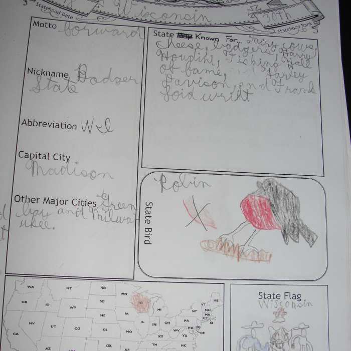 A page from my son's notebook on Wisconsin
