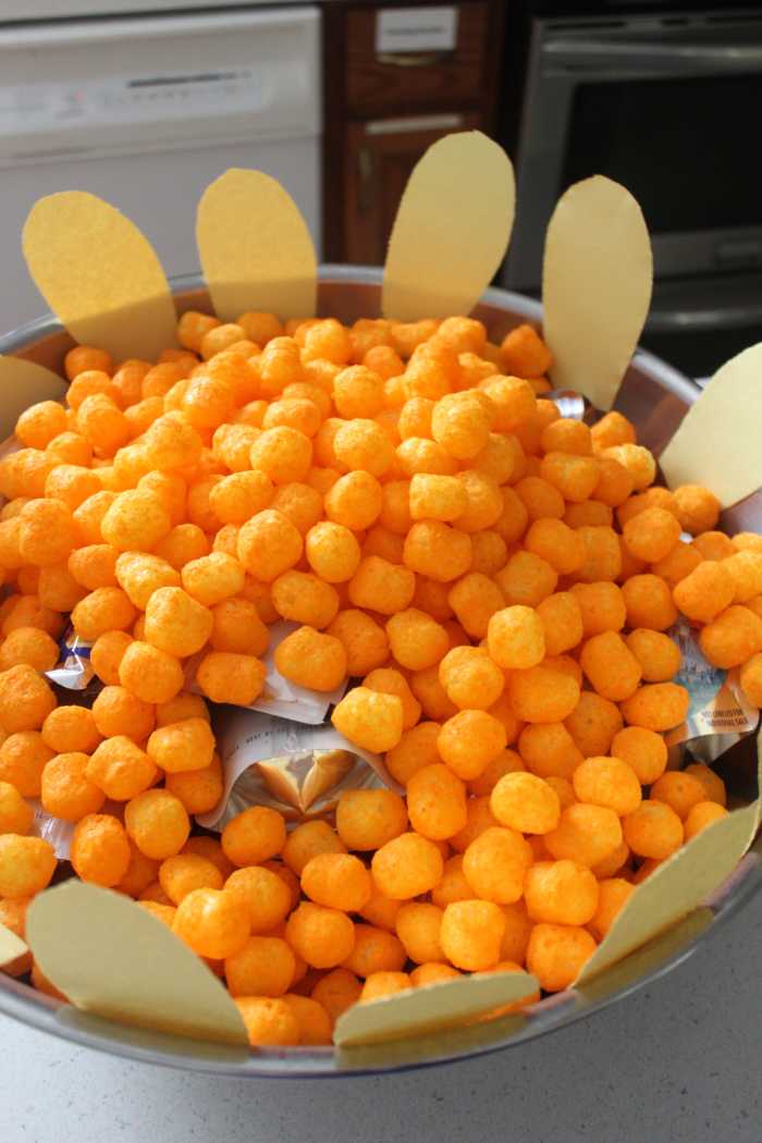 Demonstrating how bees pollinate flowers using cheese puffs and juice boxes