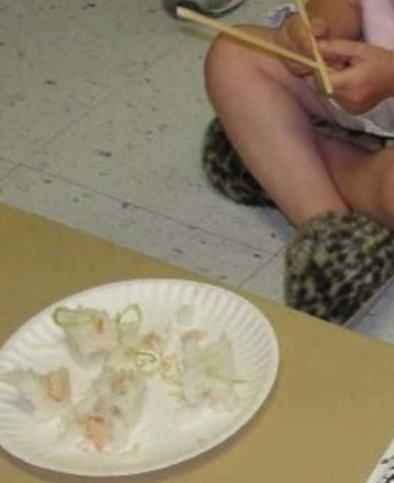 Eating the sushi using chopsticks