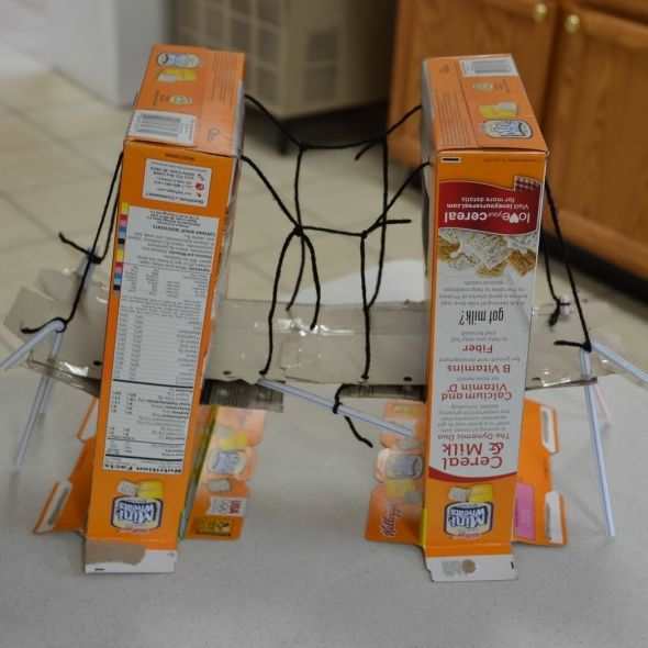 Golden Gate Bridge Model made from cereal boxes, yarn, straws, and tape