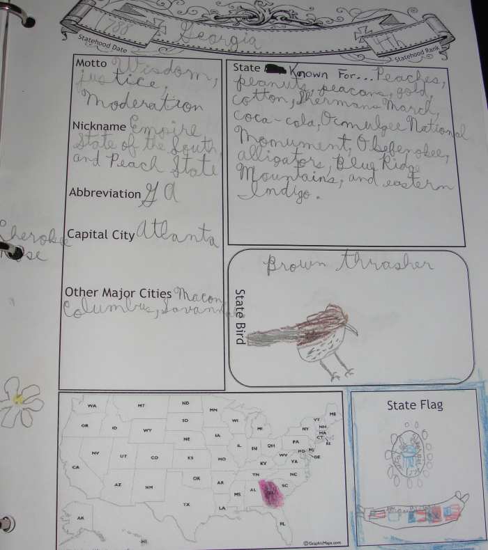 One of the pages from my oldest son's notebook on Georgia
