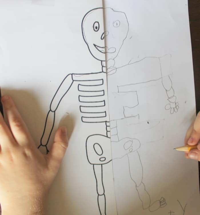 Mirror image sketch of a skeleton by a child who just turned 5