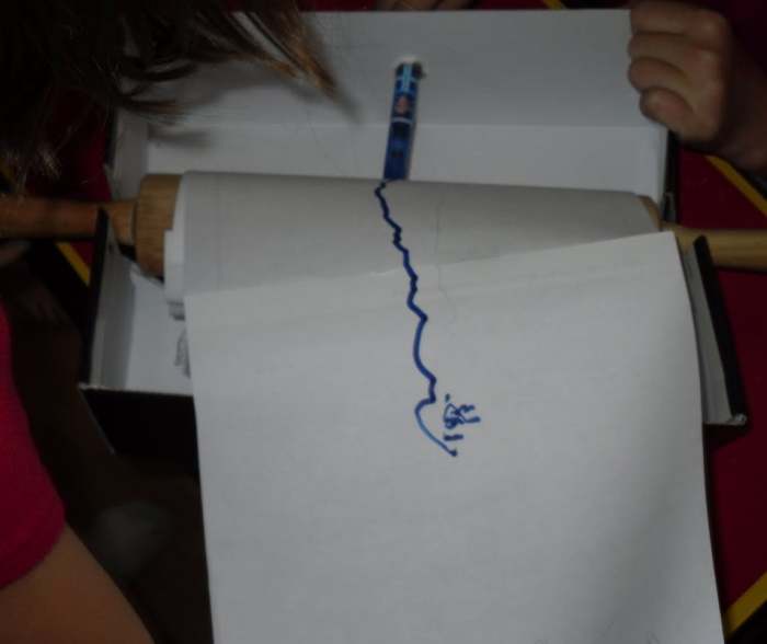 Our homemade seismograph recording "earthquake" vibrations