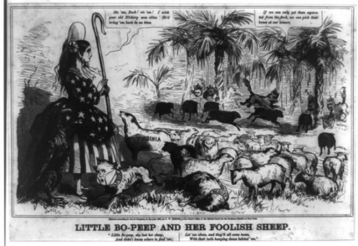 Political cartoon showing Buchanan, as Little Bo Peep's dog, being unsuccessful at herding her sheep back