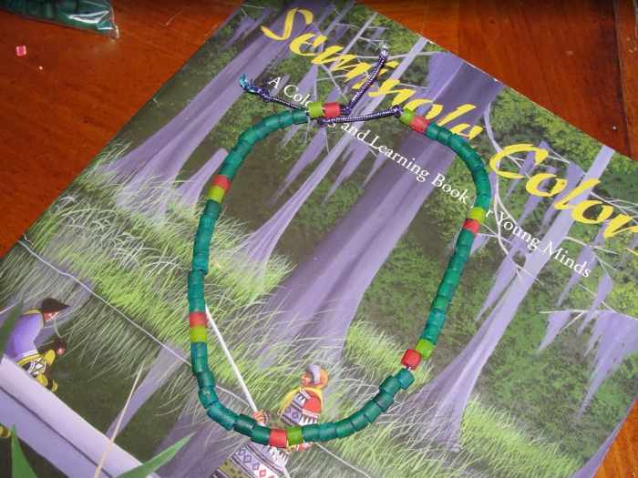 Seminole-inspired necklace made from dyed pasta