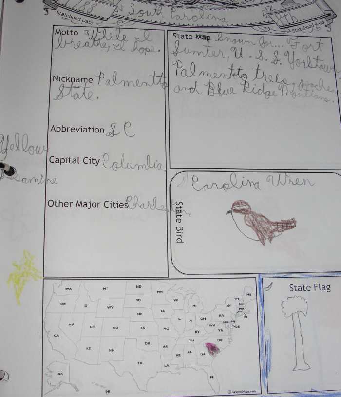 A page from my son's notebook on South Carolina