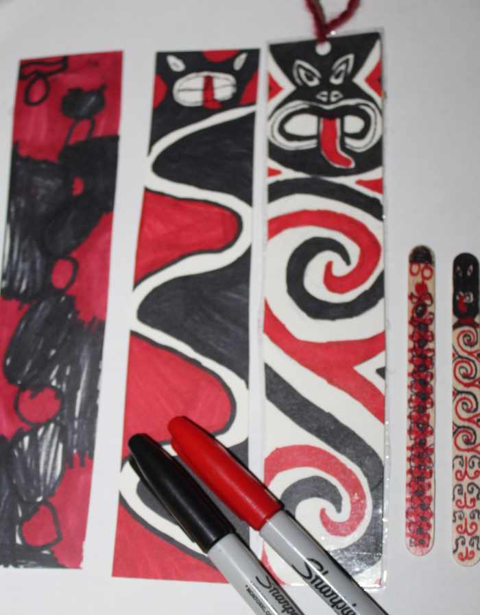 Maori-inspired bookmarks created by elementary students in Grades K-5