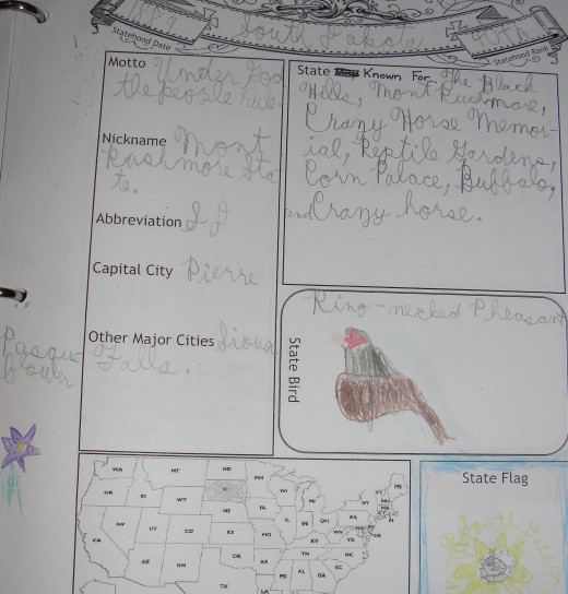 A page from my son's notebook on South Dakota